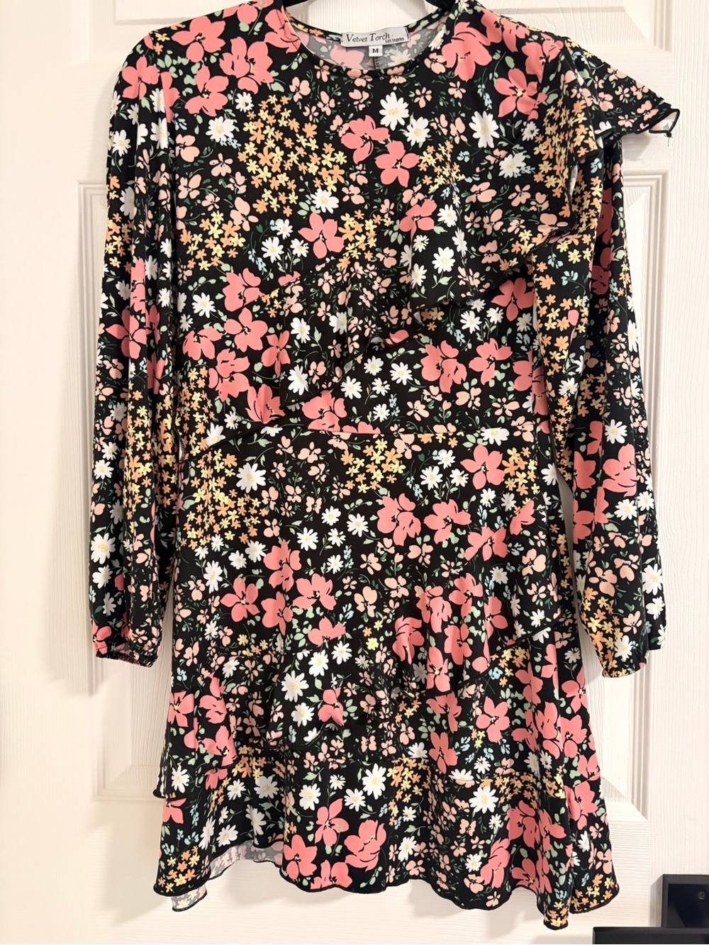 Velvet Torch Girls' Black Floral Dress with Pink & White Blooms